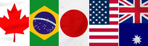 Flaggen der MDSAP-Teilnehmerländer Kanada, Brasilien, Japan, USA und Australien im Hochformat nebeneinander
